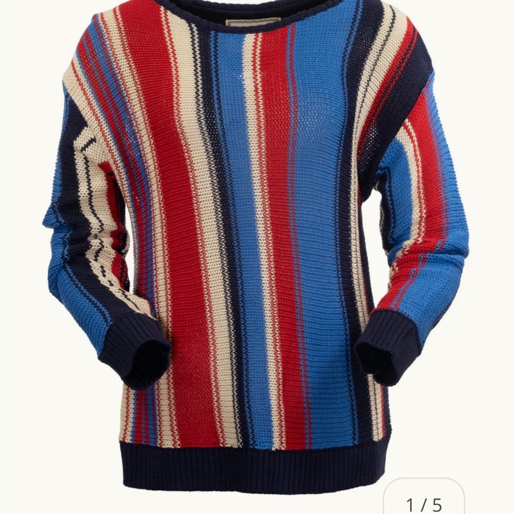 Red and Blue Crew Neck Striped Sweater